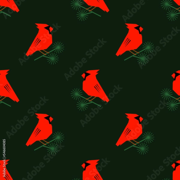 Obraz christmas pattern with red cardinals. seamless pattern with red birds on a dark green background. winter birds of america. vector ornament