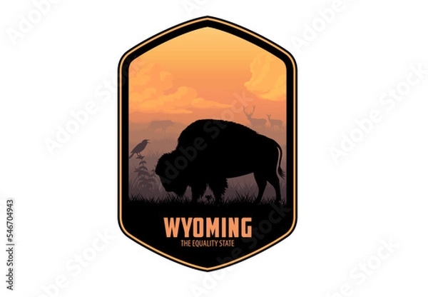 Fototapeta Wyoming vector label with buffalo bison and western meadowlark