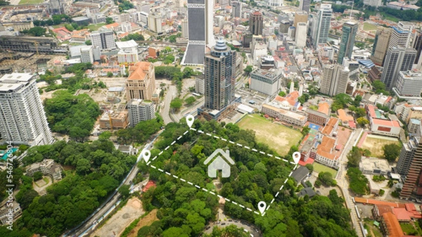 Fototapeta Land plot for building house aerial view, land field with pins, pin location for housing subdivision residential development owned sale rent buy or investment home or house expand the city building