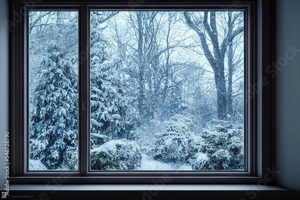 Fototapeta Looking out the window to a winter wonderland  Generative AI