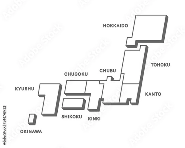 Obraz シンプルな線画で描いた、デフォルメした日本地図の地域別イラスト