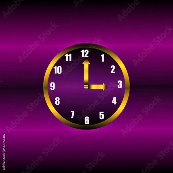Fototapeta Illustration of golden clock with deep violet colour background and with silver numbers showing time 3'o clock