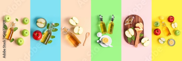 Fototapeta Set of apple cider vinegar on colorful background, top view