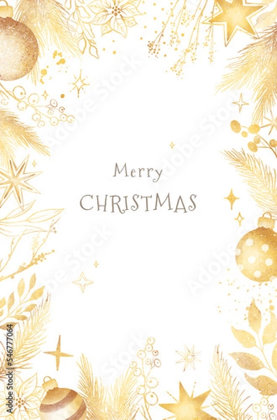 Fototapeta Watercolor hand drawn frame with shiny gold Christmas decoration elements, balls, yellow stars, snowy spruce branches, winter berries isolated on white background. New year illustration, greeting card