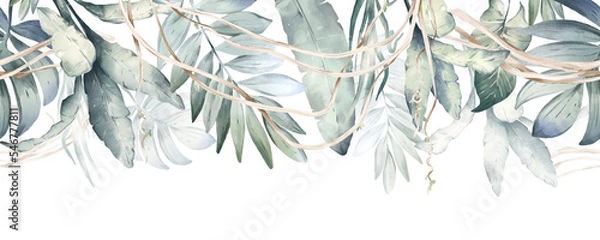 Fototapeta Watercolor hand drawn horizontal seamless border, colorful illustration of tropical palm leaves. Exotic green leaves, liana, branches isolated on white background. Floral jungle tree botanical design.