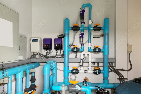 Fototapeta Image background of inside mechanical room of pipeline system for swimming pool.
