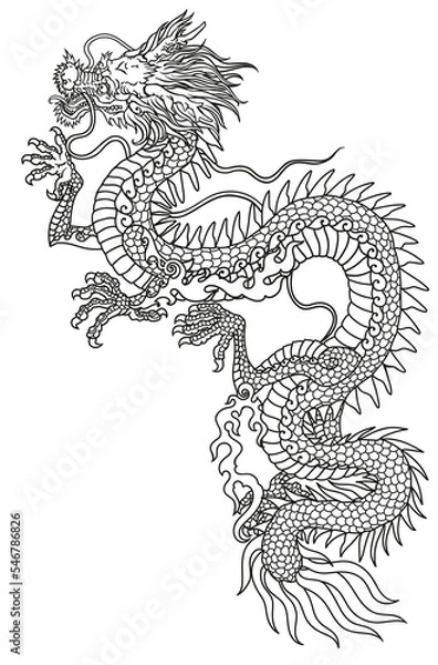 Fototapeta Chinese or Eastern dragon . Traditional mythological creature of East Asia. Tattoo.Celestial feng shui animal. Side view. Graphic line art. Isolated vector illustration