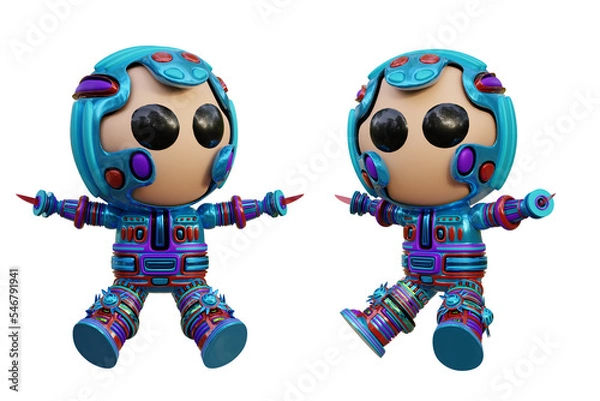 Fototapeta 3D RENDERING ILLUSTRATION. CUTE DESIGN ROBOT CYBORG ANDROID CHARACTER ISOLATED WHITE BACKGROUND. SPACEMAN ASTRONAUT CARTOON METAL PLASTIC AI MACHINE TECHNOLOGY GAME MODEL FIGURE ART TOY.
