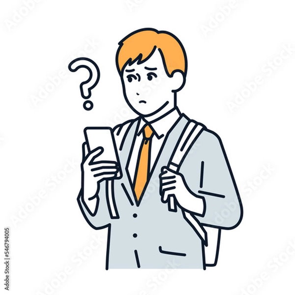 Fototapeta スマホを操作して疑問を持つビジネスマンのシンプルなベクターイラスト素材