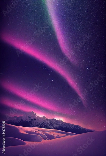 Fototapeta Snow mountains with background of Milky way , Huge aurora hanging in the clean dark purple night sky, sparkling stars as charming as diamonds, towering snow mountains, covered with layers of white sno