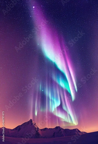 Fototapeta Snow mountains with background of Milky way , Huge aurora hanging in the clean dark purple night sky, sparkling stars as charming as diamonds, towering snow mountains, covered with layers of white sno