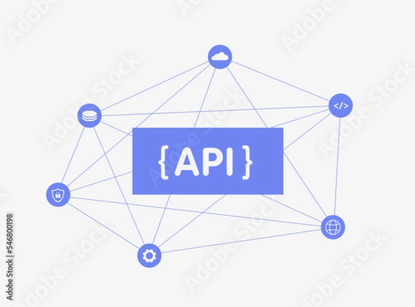 Fototapeta API - Application Programming Interface vector illustration. Api Gateway Architecture and integration - management tool that sits between a client and a collection of backend services