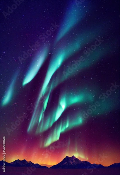 Fototapeta Snow mountains with background of Milky way , Huge aurora hanging in the clean dark purple night sky, sparkling stars as charming as diamonds, towering snow mountains, covered with layers of white sno