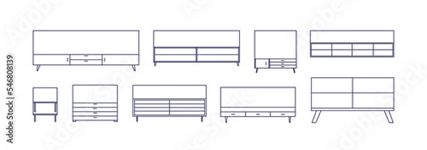 Fototapeta Cabinets, shelving units, TV stands, chest of drawers top view. for contoured interior layout. Storage furniture overhead for floor plan map. Flat vector illustrations isolated on white background