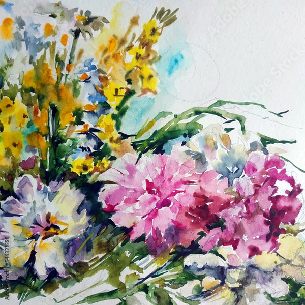 Fototapeta Abstract bright colored decorative background . Floral pattern handmade . Beautiful tender romantic bouquet of summer wild flowers , made in the technique of watercolors from nature.