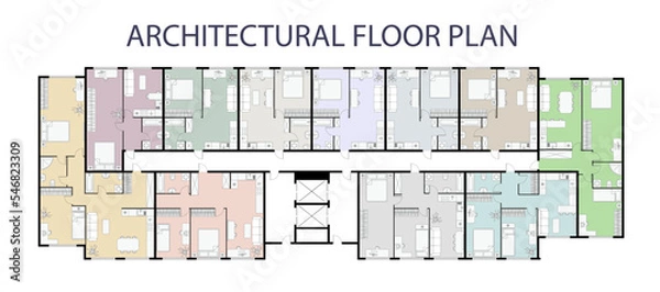 Obraz Floor plan. Architectural apartment project. One, two bedroom apartment. Interior design elements kitchen, bedroom, bathroom with symbols furniture. Vector architecture 2d floor plan.