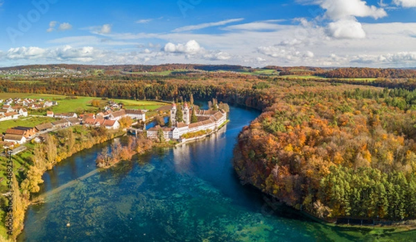 Obraz Aerial panorama view of the Rheinau Abbey Islet on Rhine river in autumnal splendid colors, Switzerland