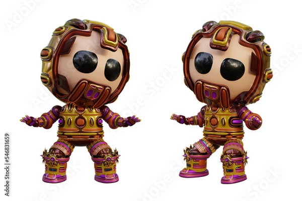 Fototapeta 3D RENDERING PNG ILLUSTRATION. CUTE DESIGN ROBOT CYBORG ANDROID CHARACTER ISOLATED WHITE BACKGROUND. SPACEMAN ASTRONAUT CARTOON METAL PLASTIC AI MACHINE TECHNOLOGY GAME MODEL FIGURE ART TOY.