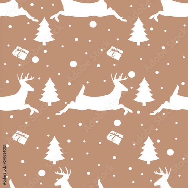 Fototapeta Christmas Seamless Patterns with deer, trees, present icon and snow ball elements perfect for present and background