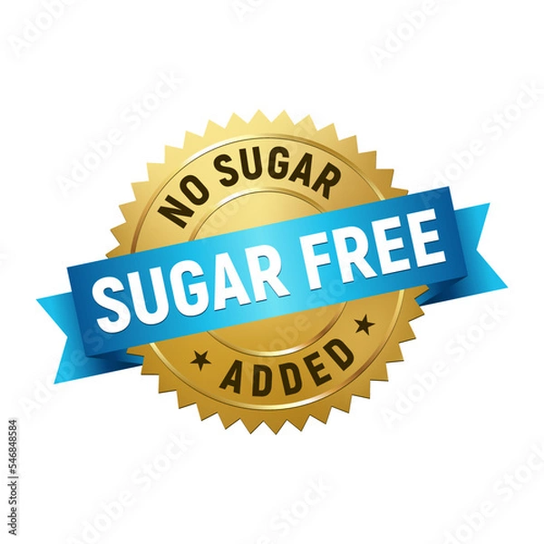 Fototapeta Gold and blue ribbon badge sugar free. Rubber stamp no sugar added. Design elements for labels, stickers, banners, posters for food and health business. Vector illustration.