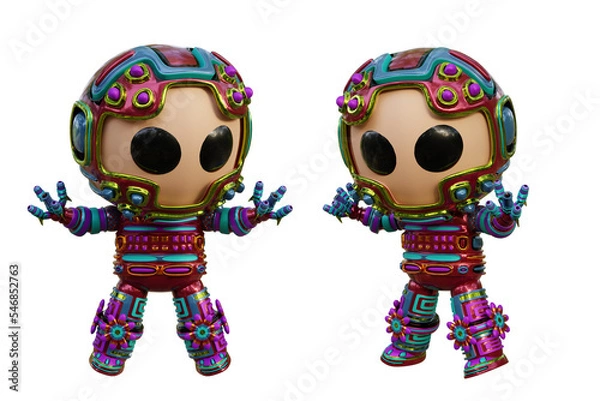 Fototapeta 3D RENDERING PNG ILLUSTRATION. CUTE DESIGN ROBOT CYBORG ANDROID CHARACTER ISOLATED WHITE BACKGROUND. SPACEMAN ASTRONAUT CARTOON METAL PLASTIC AI MACHINE TECHNOLOGY GAME MODEL FIGURE ART TOY.