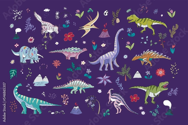 Fototapeta Dinosaur collection vector illustrations set.