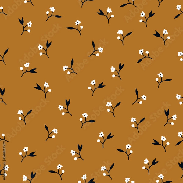 Fototapeta Cute floral pattern. Seamless vector texture. An elegant template for fashionable prints. Print with small white flowers , black leaves. brown background.