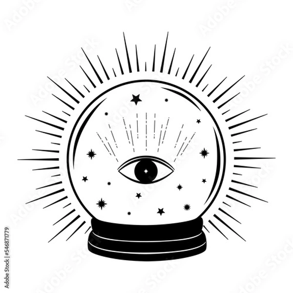 Fototapeta Hand drawn mystical crystal ball with star and eye in line art. Magic collection, symbol, talisman, antique style, boho. Vector doodle sketch illustration isolated on white background