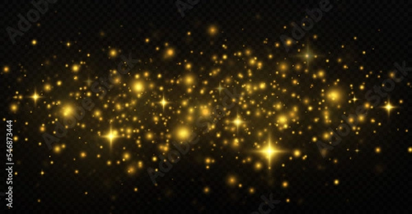 Obraz The dust sparks and golden stars shine with special light on a black transparent background. Golden shiny light effect.