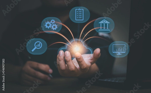 Fototapeta cloud computing diagram in hand cloud technology storage network and internet service concept