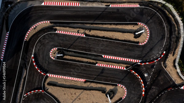 Obraz Aerial top view race kart track, Track for auto racing top view, Car race asphalt and curve grand prix street circuit, Aerial view asphalt race track.