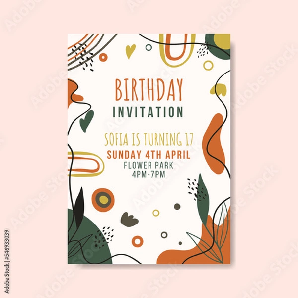 Fototapeta Birthday invitation template with hand drawn flat abstract shapes premium vector