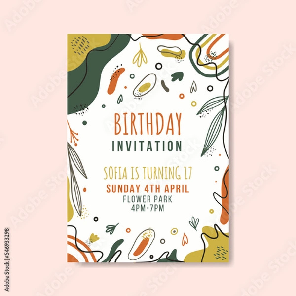 Fototapeta Birthday invitation template with hand drawn flat abstract shapes premium vector