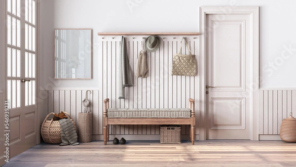 Fototapeta Nordic farmhouse hallway in white and bleached tones. Wooden bench and coat rack. Glass, wallpaper and entrance door, scandinavian interior design