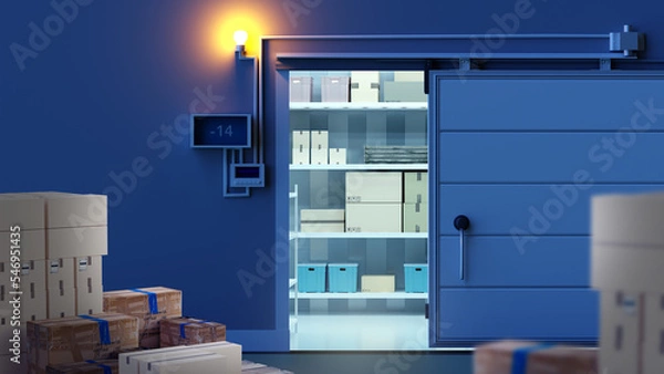 Fototapeta Refrigerator with boxes. Industrial cold store. Products in boxes are stored in refrigerator. Freezer warehouse in industrial factory. Concept goods for storage at sub-zero temperatures. 3d image.