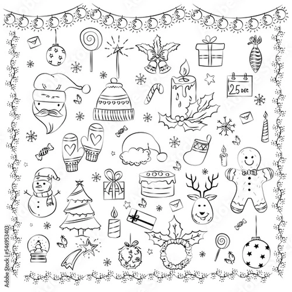 Fototapeta Set of Christmas design element in doodle and vintage style vector