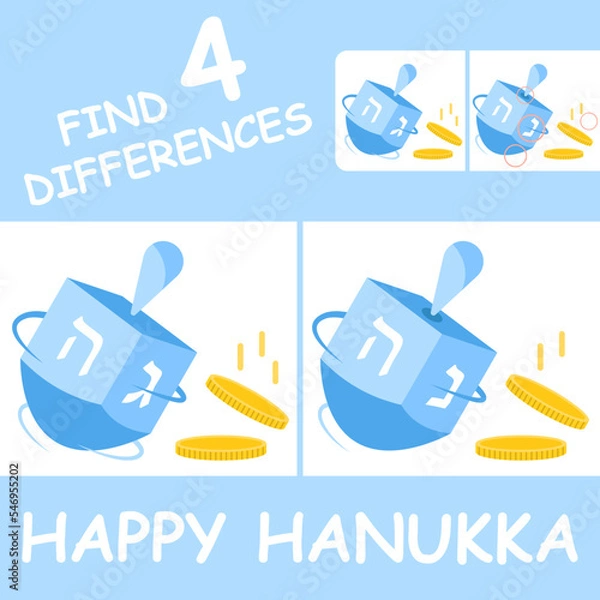Obraz spot the difference dreidl. find four differences. illustration holiday Hanukkah. dreidel and coins vector.