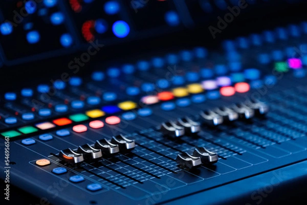 Fototapeta Concert sound mixer panel with volume regulators. Professional audio and light equipment for sound recording studio, live music broadcasting, television, party. mixing console. audio signals