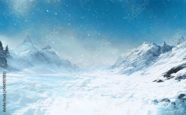 Fototapeta Christmas Fantastic Winter Epic Landscape of Mountains. Celtic Medieval forest. Frozen nature. Glacier in the mountains. Mystic Valley. Artwork sketch. Gaming RPG background. Game asset.  