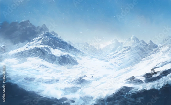 Fototapeta Christmas Fantastic Winter Epic Landscape of Mountains. Celtic Medieval forest. Frozen nature. Glacier in the mountains. Mystic Valley. Artwork sketch. Gaming RPG background. Game asset.  