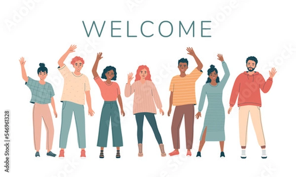 Obraz Group of diverse friendly young men and women with hands raised in greeting gesture, business team. Welcome concept. Different nations  people waving hand and saying hello. Flat vector illustration