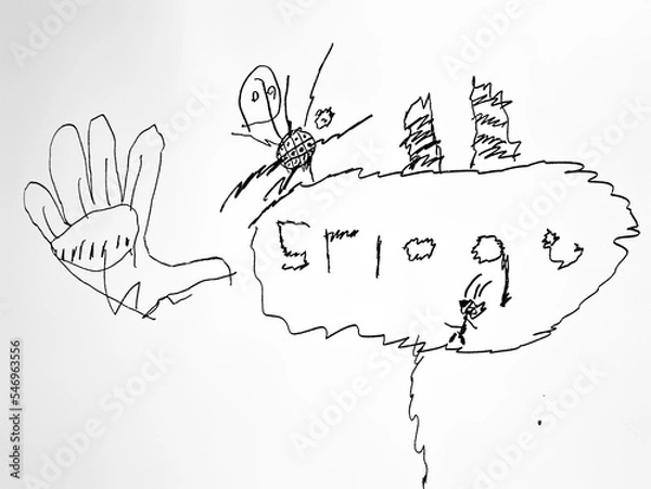 Obraz BLACK AND WHITE PHOTO OF KIDS DOODLE DRAWN ON WHITEBOARD WITH BLACK MARKER PEN