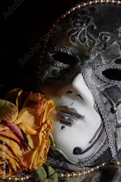Fototapeta Carnival mask with rdry rose close up on dark background
