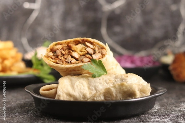 Fototapeta Delicious shawarma with a distinctive designable floor and text space