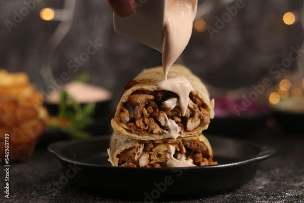 Fototapeta Delicious shawarma with a distinctive designable floor and text space