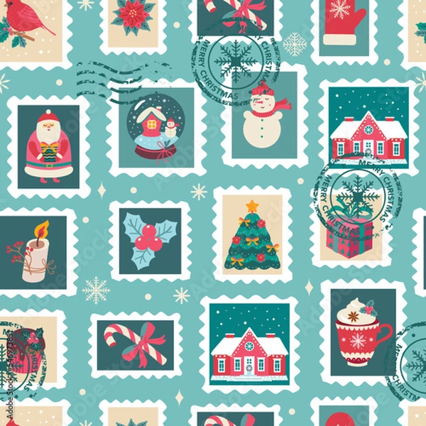 Obraz Christmas seamless pattern with postmarks. Vector background for fabric, wrapping paper and wallpaper