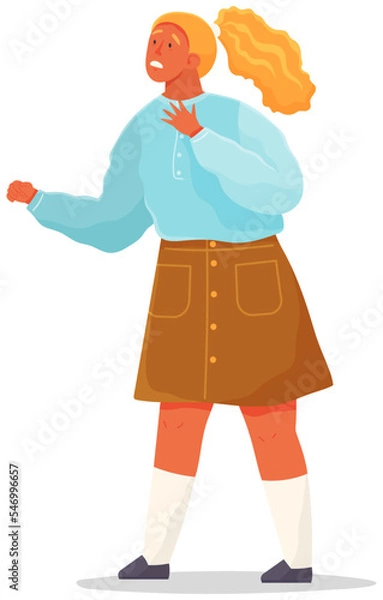 Fototapeta Little girl with scared expression and her hand in defenses position. Scared child isolated on white background. Kid with face in horror looks at something. Cute girl defends against threat