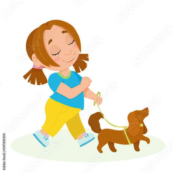 Fototapeta A girl walks with a cheerful dog. A child with a pet. Fluffy animals in cartoon style. Vector illustration isolated on white background.