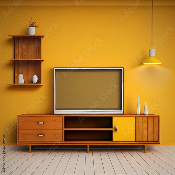 Fototapeta TV room in yellow wall background,Modern living room decor with a tv wooden cabinet.3D rendering