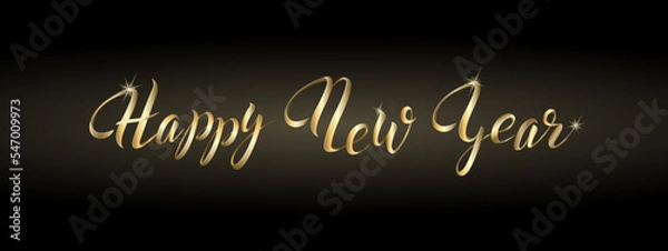 Fototapeta Festive inscription Happy New Year in the form of sparkling golden ribbons isolated on a dark background.